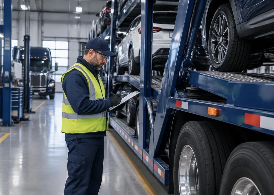 Supervisor inspeccionando una madrina cargada con vehículos nuevos